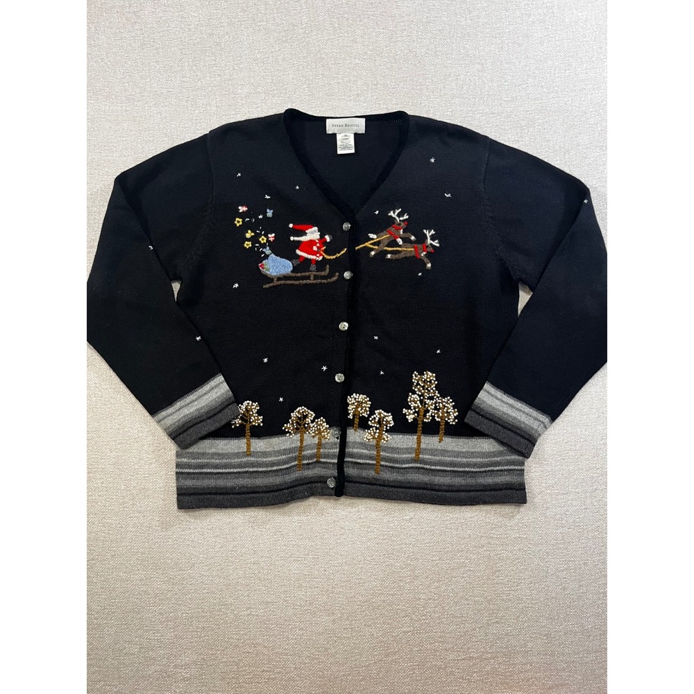 XL Grandma Embroidered Knit Black Christmas Cardigan Santa Reindeer Sweater